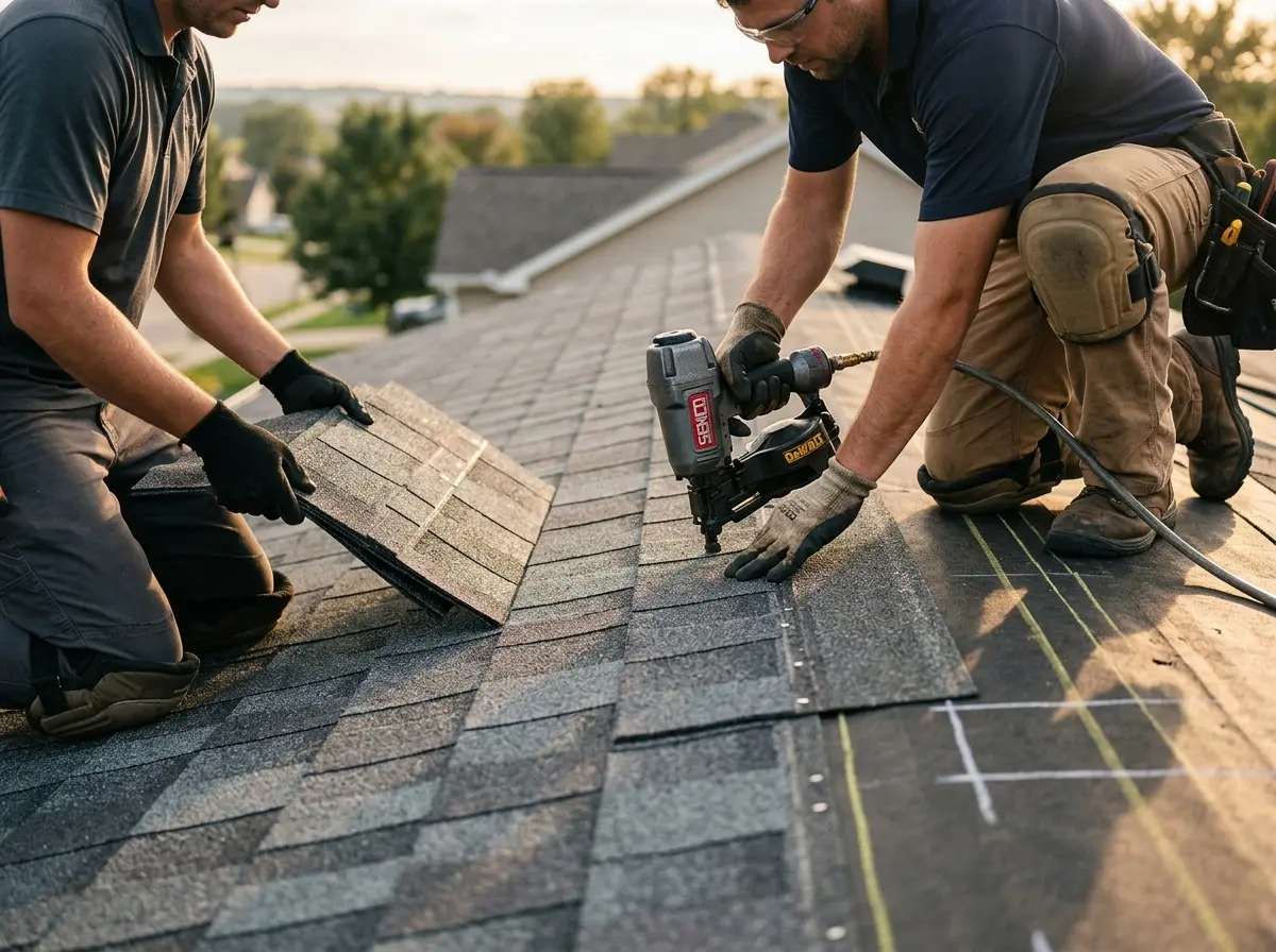 Professional roofer working on a residential roof in Robbinsville